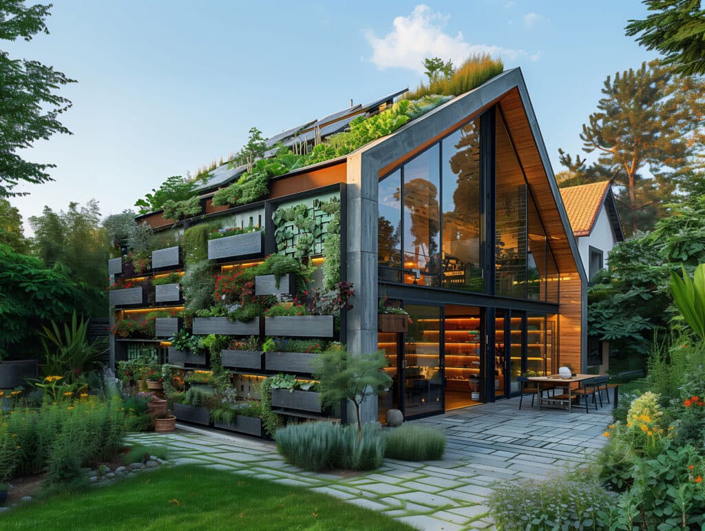 Modernes, begrüntes Gebäude mit bepflanzter Fassade, Dachgarten und großer Glasfront in einer Gartenanlage