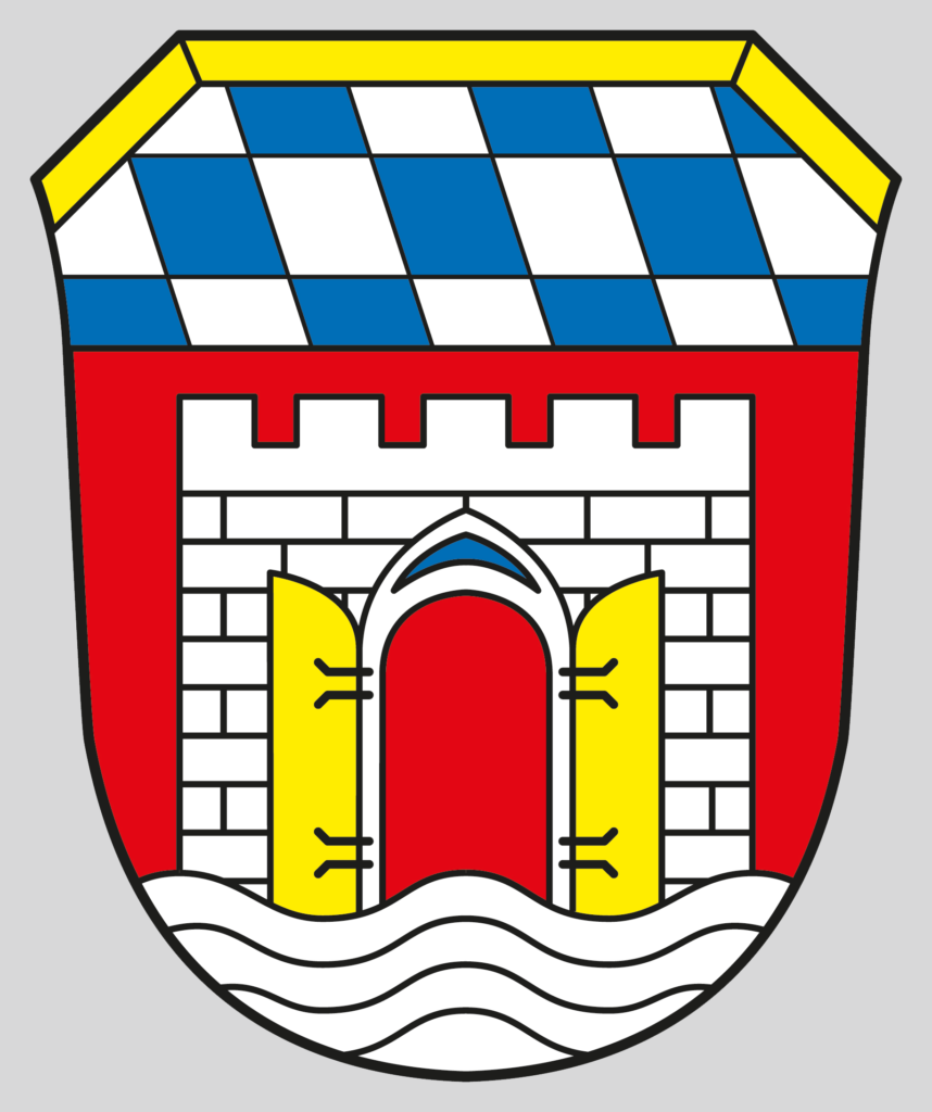 Wappen mit rot-silbernem Schild, blau-silbernem Rautenmuster, Burgtor und weißen Wellenlinien