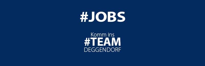 Dunkelblauer Schriftzug „#JOBS“ sowie „Komm ins #TEAM DEGGENDORF“.