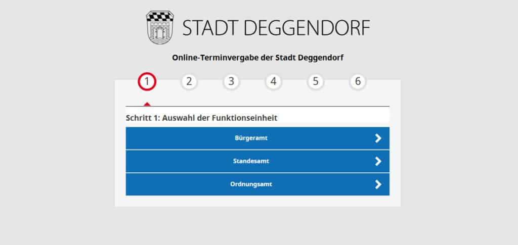 Screenshot der Online-Terminvergabe der Stadt Deggendorf mit der Auswahl von Bürgeramt, Standesamt und Ordnungsamt