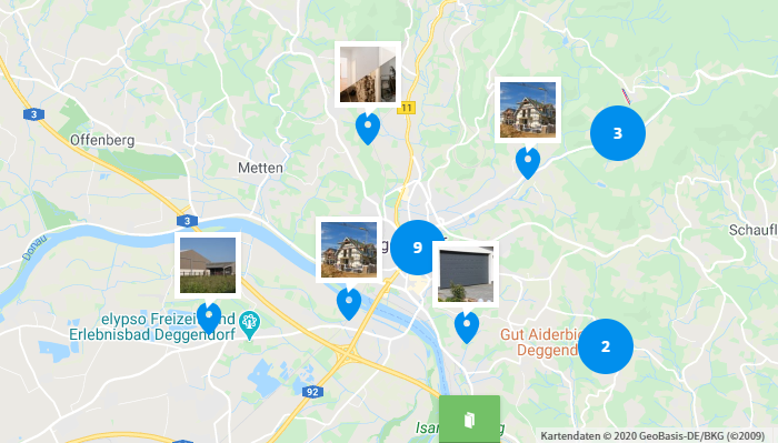 Kartenausschnitt von Deggendorf und Umgebung mit mehreren blauen Standortmarkierungen und Zählkreisen.
